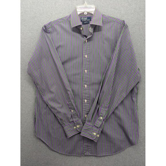 Polo Ralph Lauren Shirt Mens Large Purple Green Striped Regent Classic Fit Dress - Picture 1 of 8